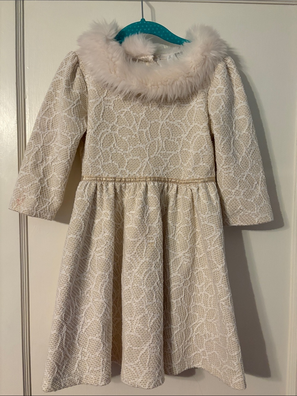 Janie and Jack Cream Textured Dress with Faux-Fur Collar